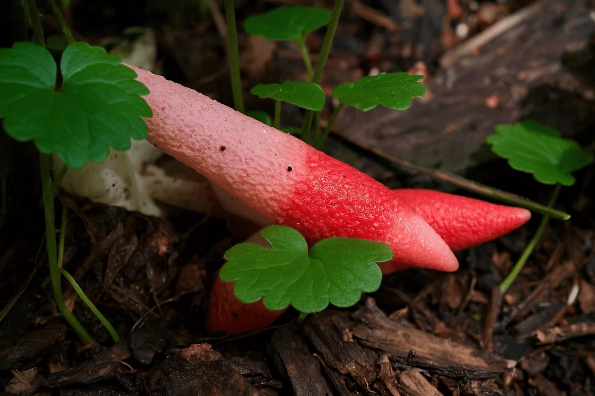 Recreación digital de un hongo Mutinus bambusinus entre hojas verdes, con su característico color rojo intenso.