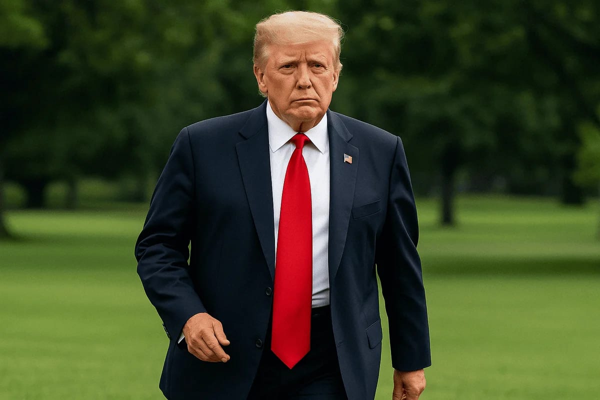 Representación digital de Donald Trump caminando con gesto serio durante un acto público.