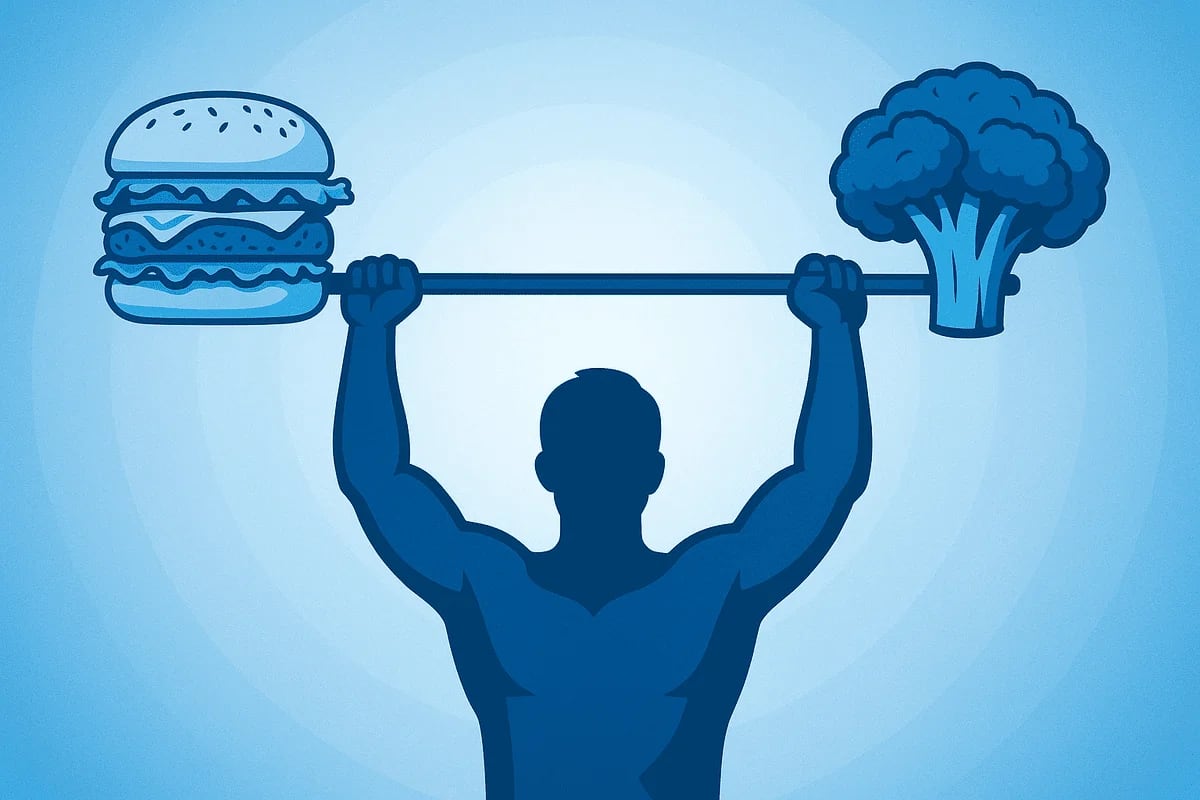 Ilustración conceptual de un hombre levantando una barra con una hamburguesa a un lado y un brócoli al otro, simbolizando la comparación entre dieta omnívora y vegana en entrenamiento muscular