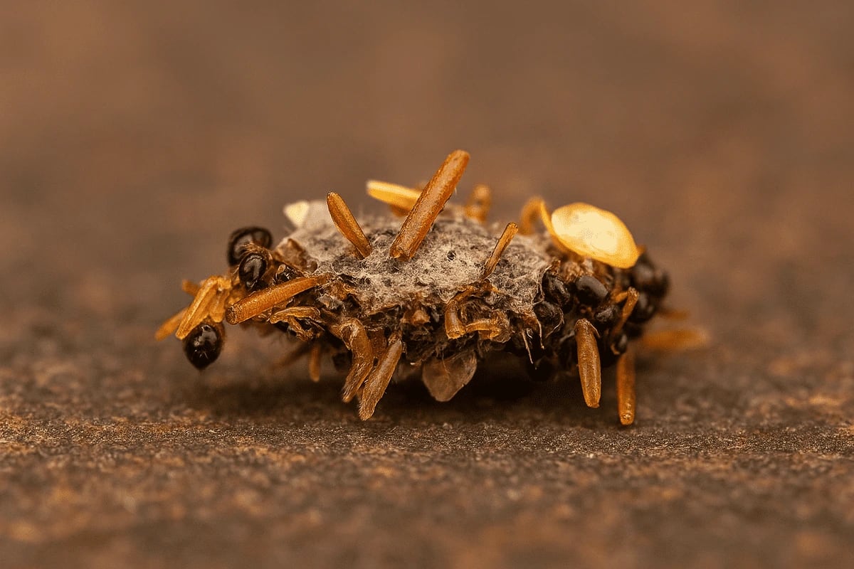 Oruga carnívora decorada con restos de insectos sobre un fondo marrón terroso