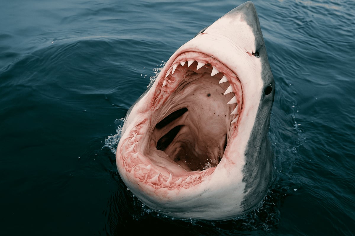 Tiburón con la mandíbula completamente abierta emergiendo del agua