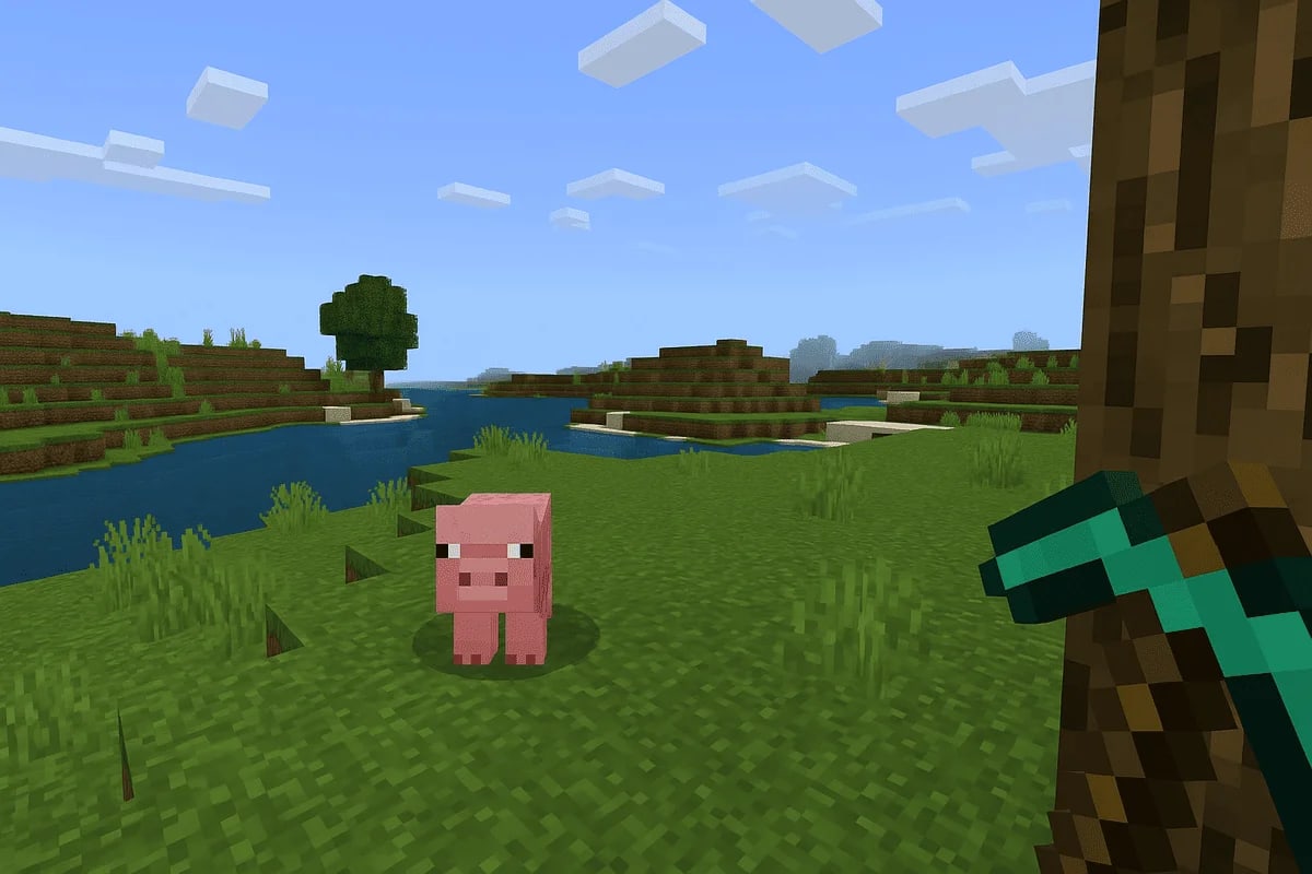 Captura de pantalla desde el punto de vista del jugador en Minecraft, frente a un cerdito y con un pico en mano.