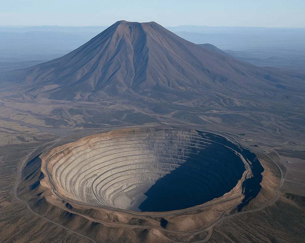 Representación 3D de un volcán y una mina a cielo abierto simulando un yacimiento de litio.