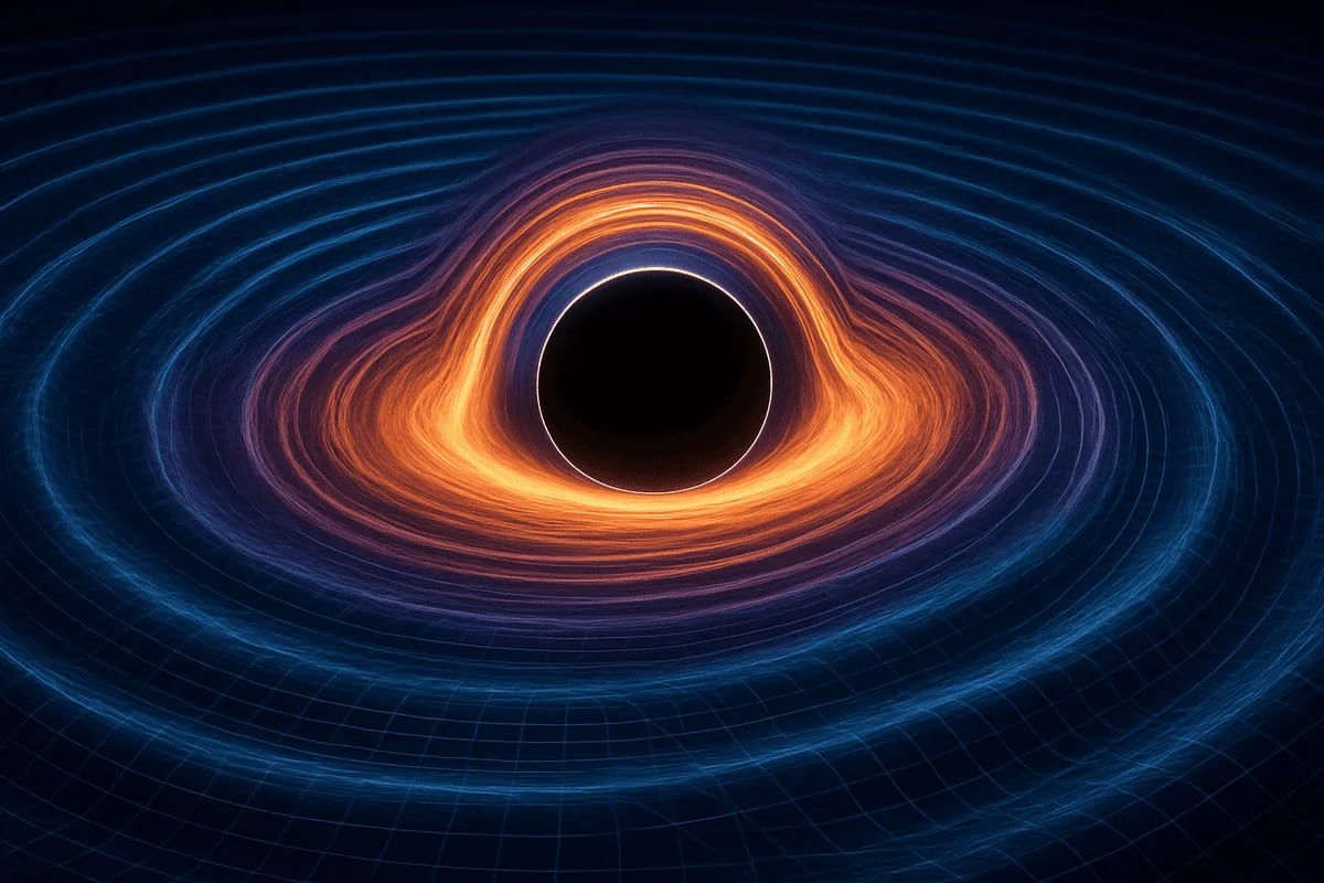 Representación digital de un agujero negro distorsionando el espacio-tiempo con anillos concéntricos de ondas gravitacionales.