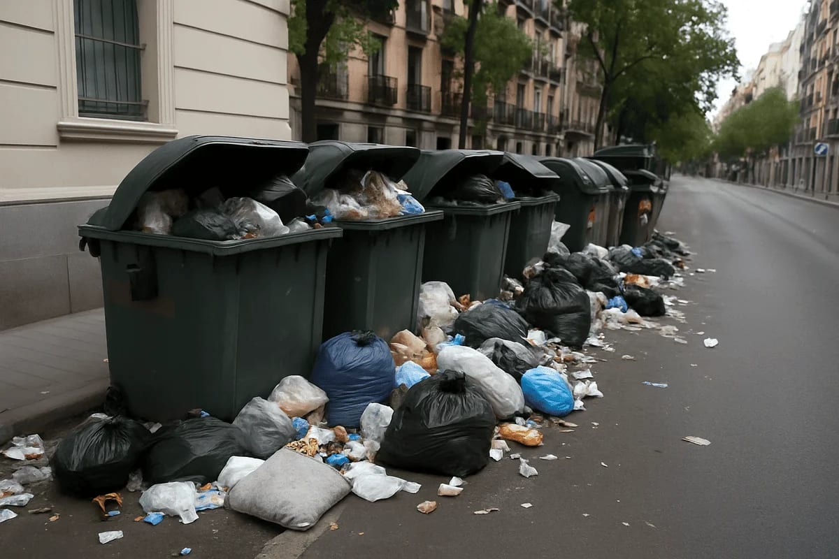 Contenedores de basura desbordados y bolsas de residuos acumuladas en una calle de Madrid durante la huelga de limpieza.