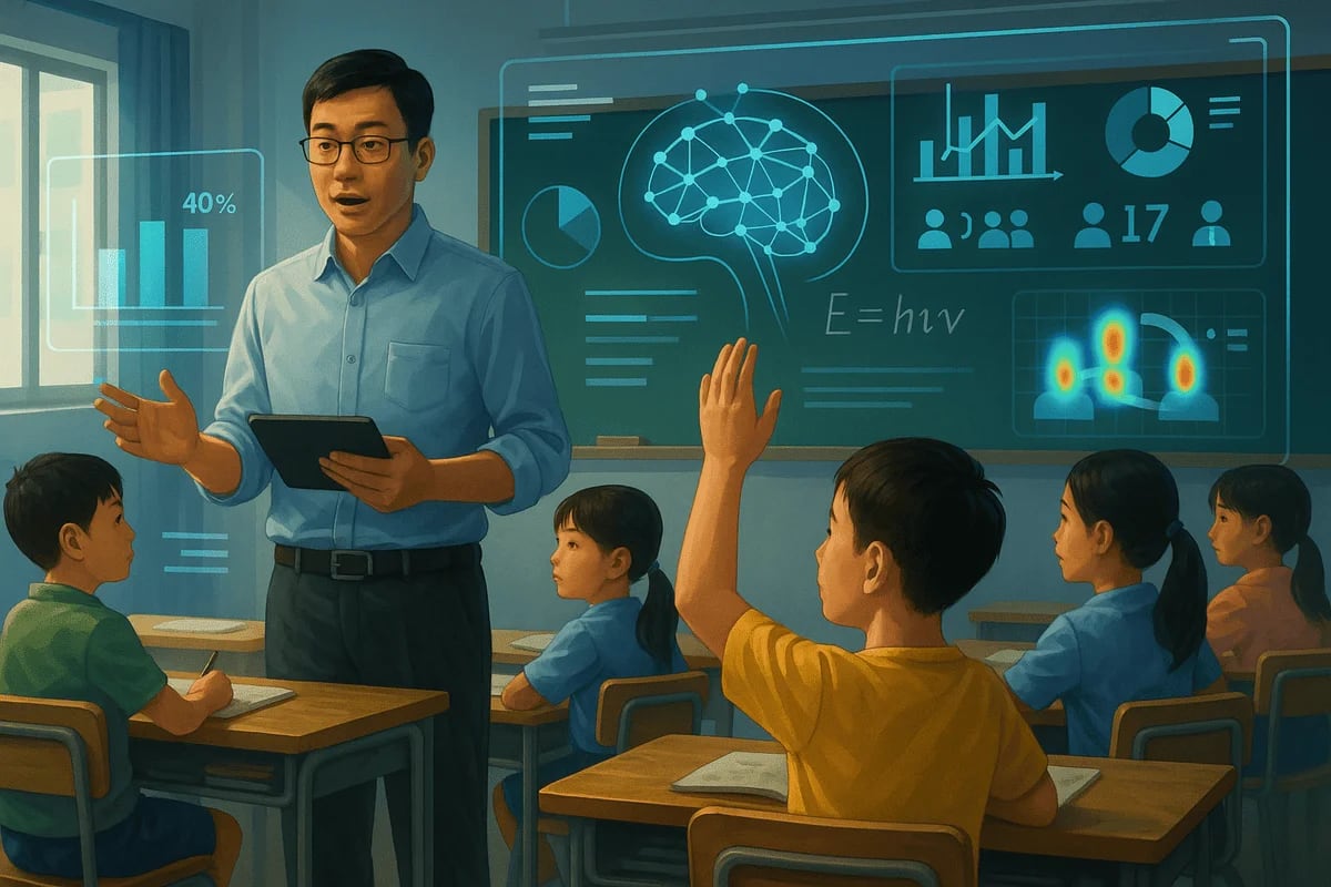 Profesor analizando datos de interacción en el aula mediante inteligencia artificial en China.