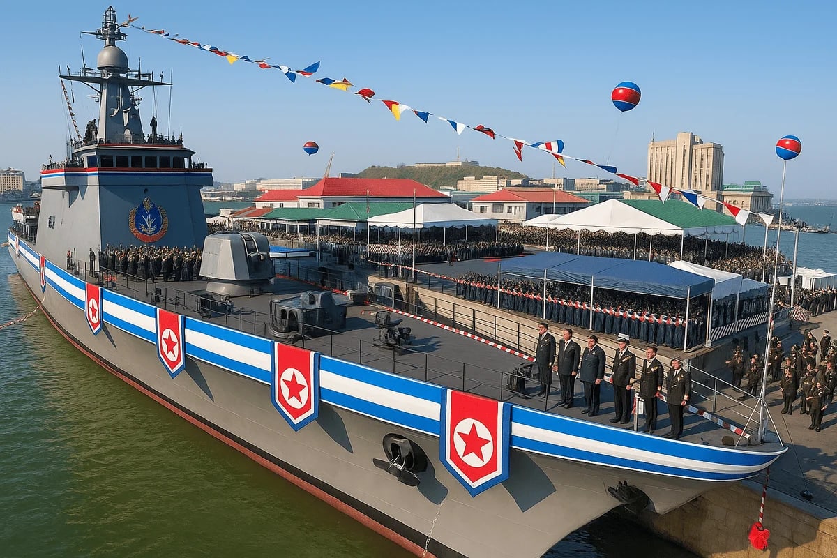 Presentación oficial de un nuevo buque destructor de Corea del Norte en los astilleros, con líderes y oficiales presidiendo la ceremonia