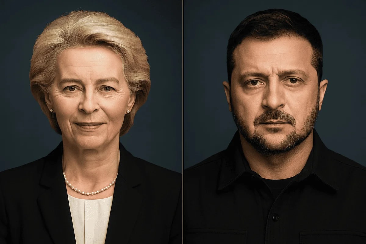 Retratos oficiales de Ursula von der Leyen y Volodimir Zelensky tras su encuentro en Roma.