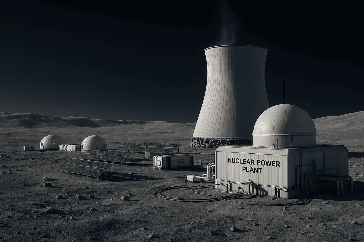 Central nuclear en la Luna impulsada por China y Rusia, con módulos habitables y paneles solares.