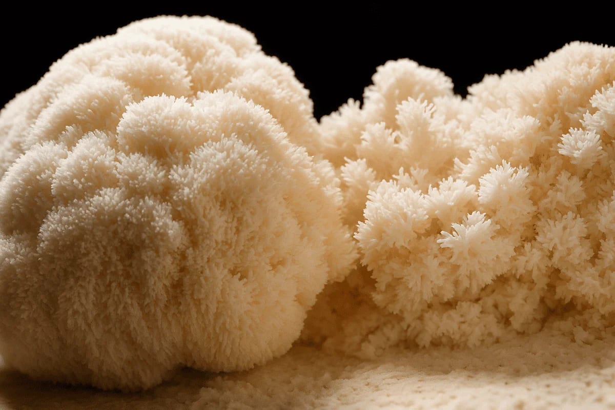 Primer plano del Hericium erinaceus mostrando su estructura natural esponjosa