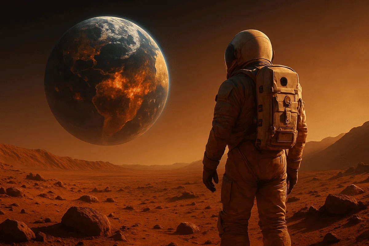 Astronauta en Marte observa una Tierra devastada y en llamas desde la superficie marciana.