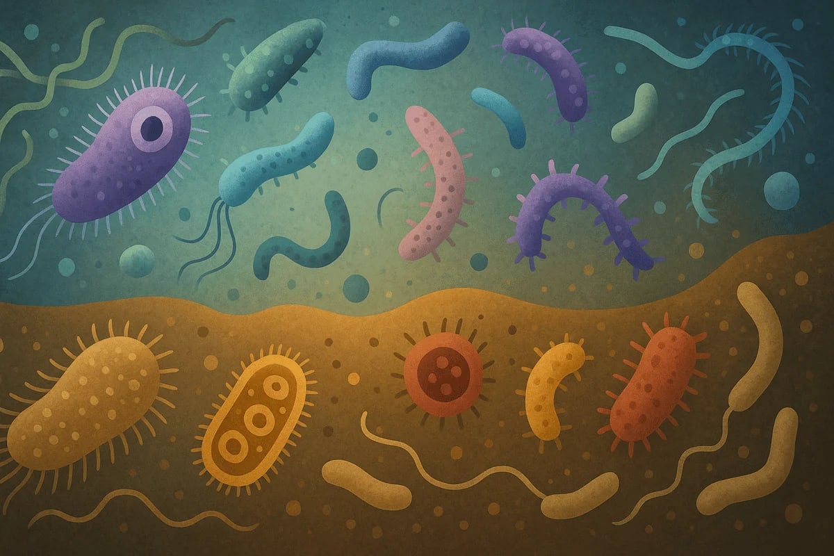 Representación de microbios de distintas especies interactuando en un ecosistema experimental bajo condiciones de estrés ambiental