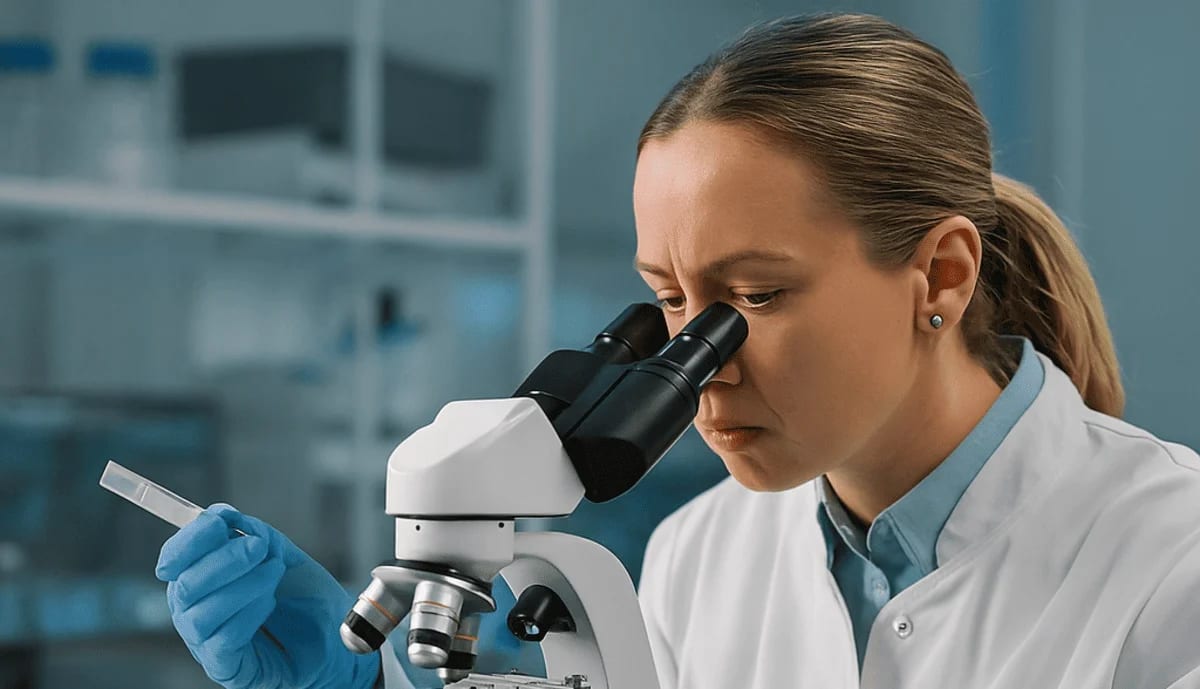 Mujer científica observa una muestra en el microscopio en un laboratorio de biomedicina.