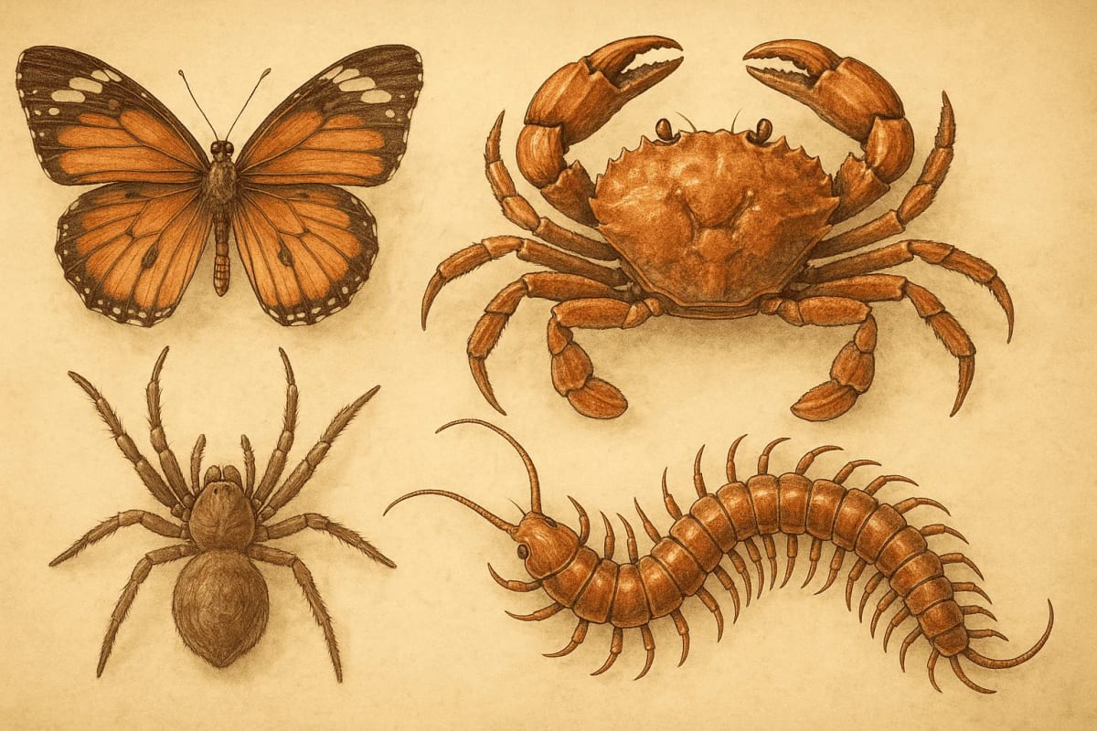 Ilustración científica de mariposa, araña, cangrejo y ciempiés representando los principales grupos de artrópodos.