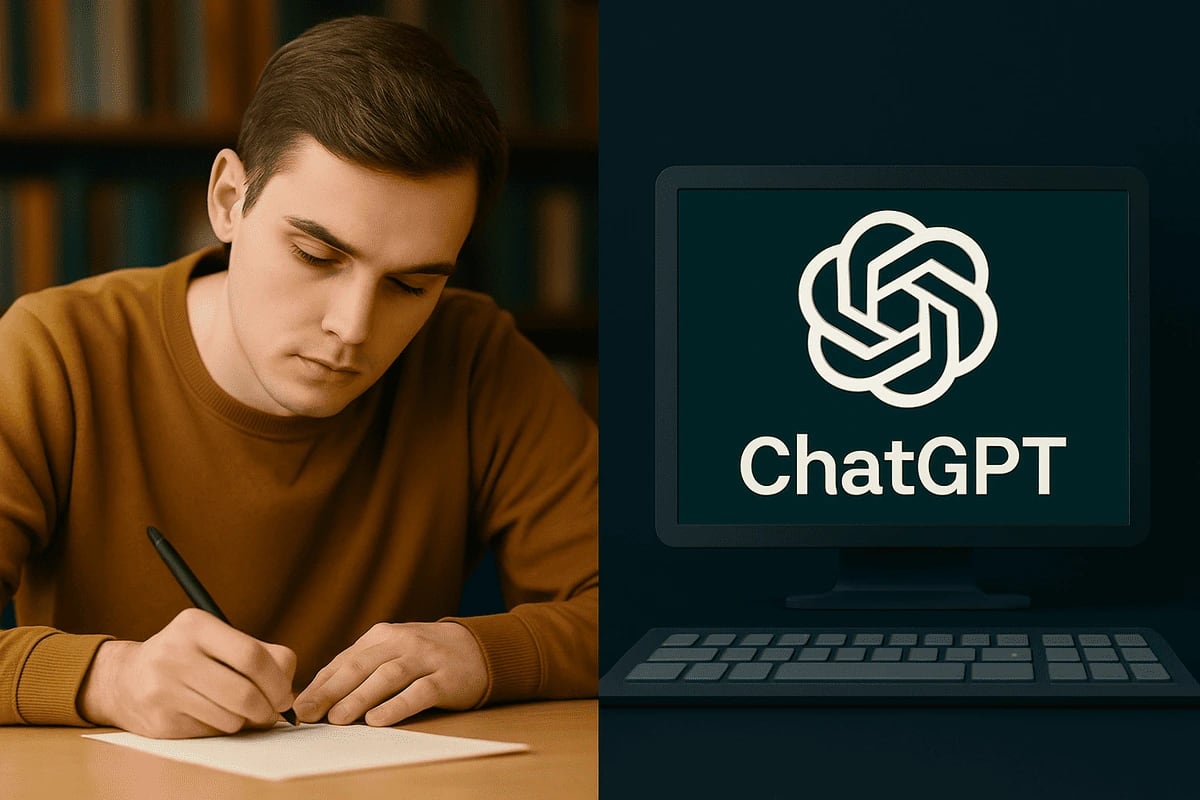 Comparativa entre estudiante escribiendo y pantalla de ChatGPT