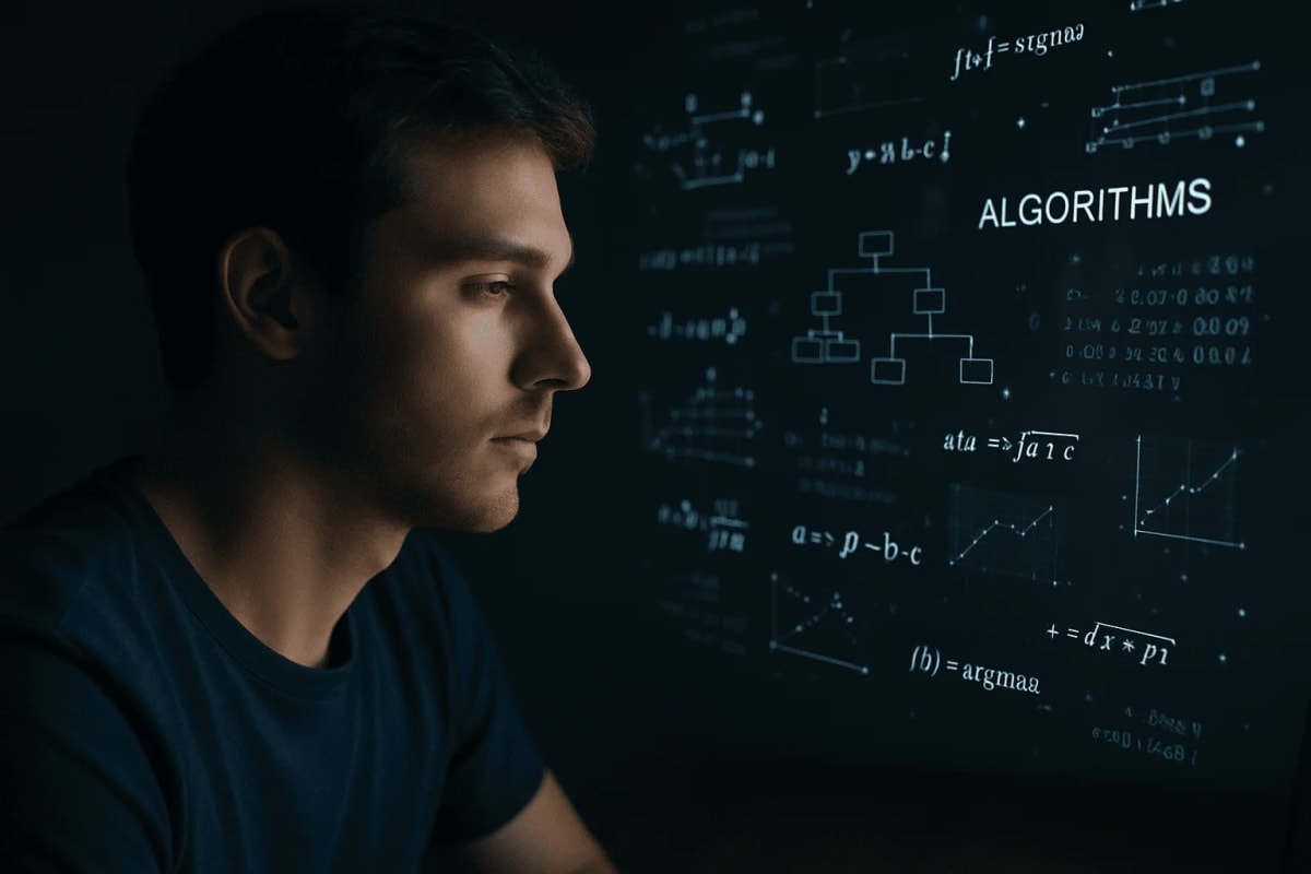 Joven observa algoritmos proyectados en pantalla: reflexión sobre inteligencia artificial