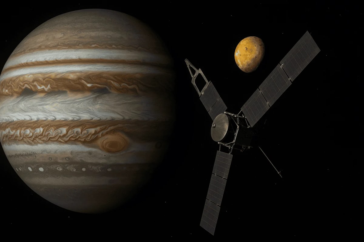 Imagen artística de la nave Juno de la NASA entre Júpiter e Ío, mostrando la atmósfera del planeta y la superficie volcánica de la luna