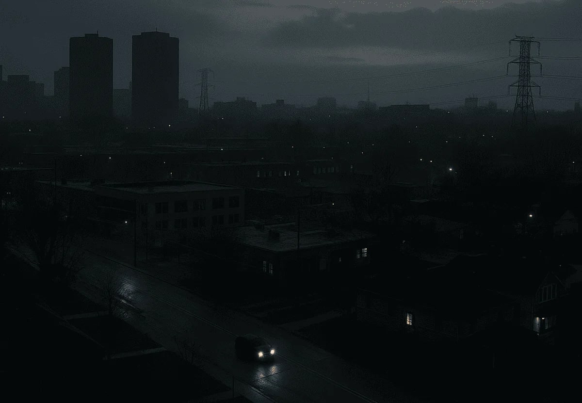 Horizonte urbano completamente a oscuras durante un apagón eléctrico nocturno