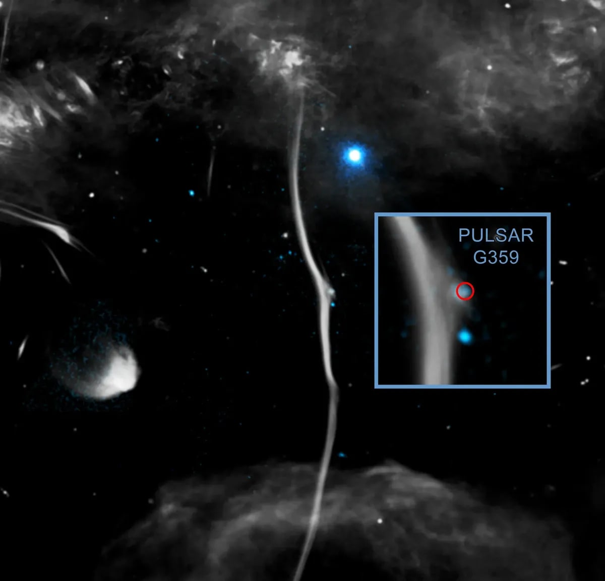 Estructura G359.13 con indicación del púlsar que habría causado la fractura