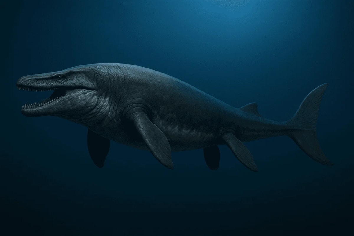 Ilustración realista del Mosasaurus hoffmanni, depredador marino del Cretácico