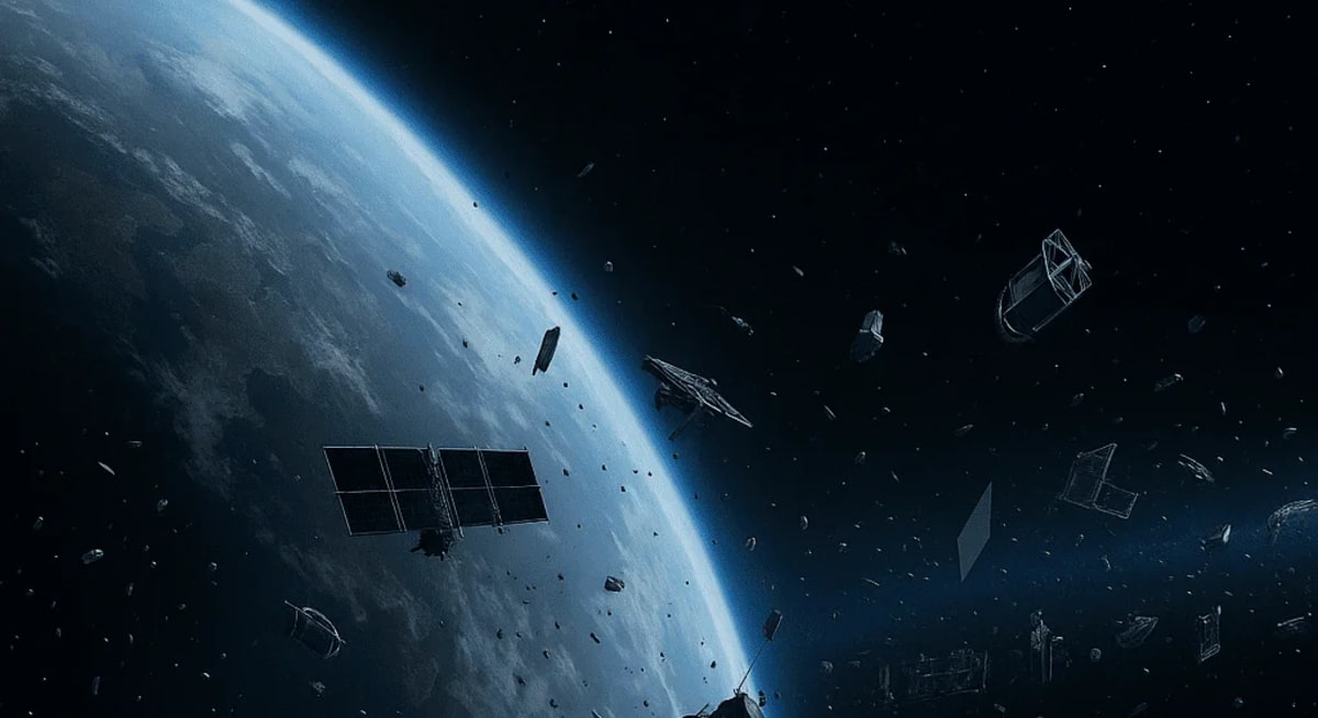 Visualización de basura espacial rodeando la Tierra