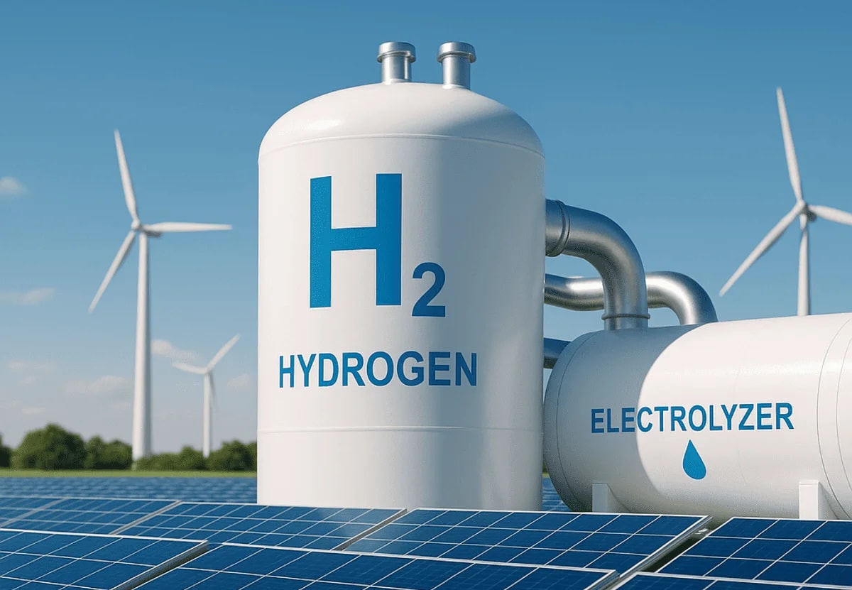 Tanque de hidrógeno verde y electrolizador con energía solar y eólica