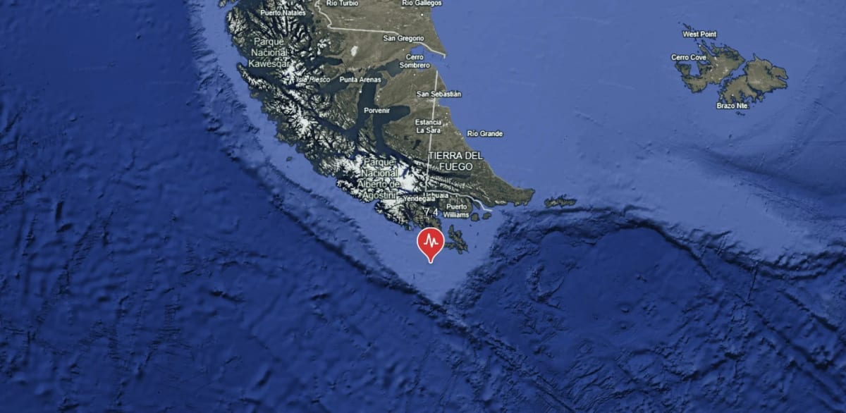 Mapa del sismo en el Pasaje de Drake, cerca de Tierra del Fuego, Argentina
