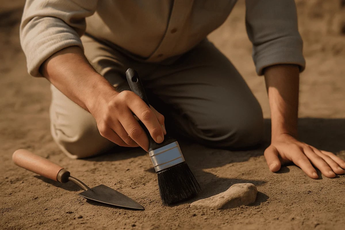 Paleontólogo arrodillado usando un cepillo sobre un fósil semienterrado en el suelo