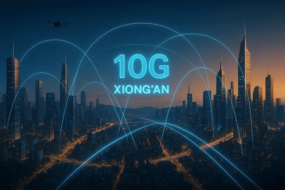 Ciudad futurista iluminada con señal de 10G destacada