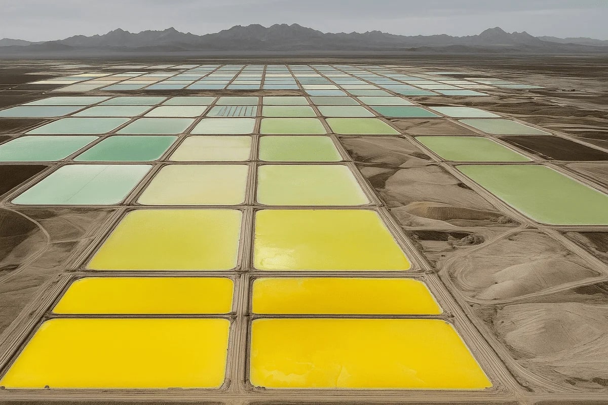 Piscinas de evaporación para extracción de litio con colores vivos
