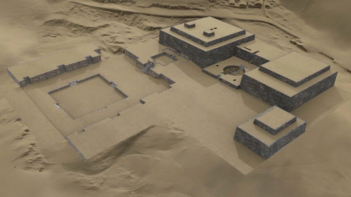 Reconstrucción digital del sitio arqueológico Chavín de Huántar con edificios principales