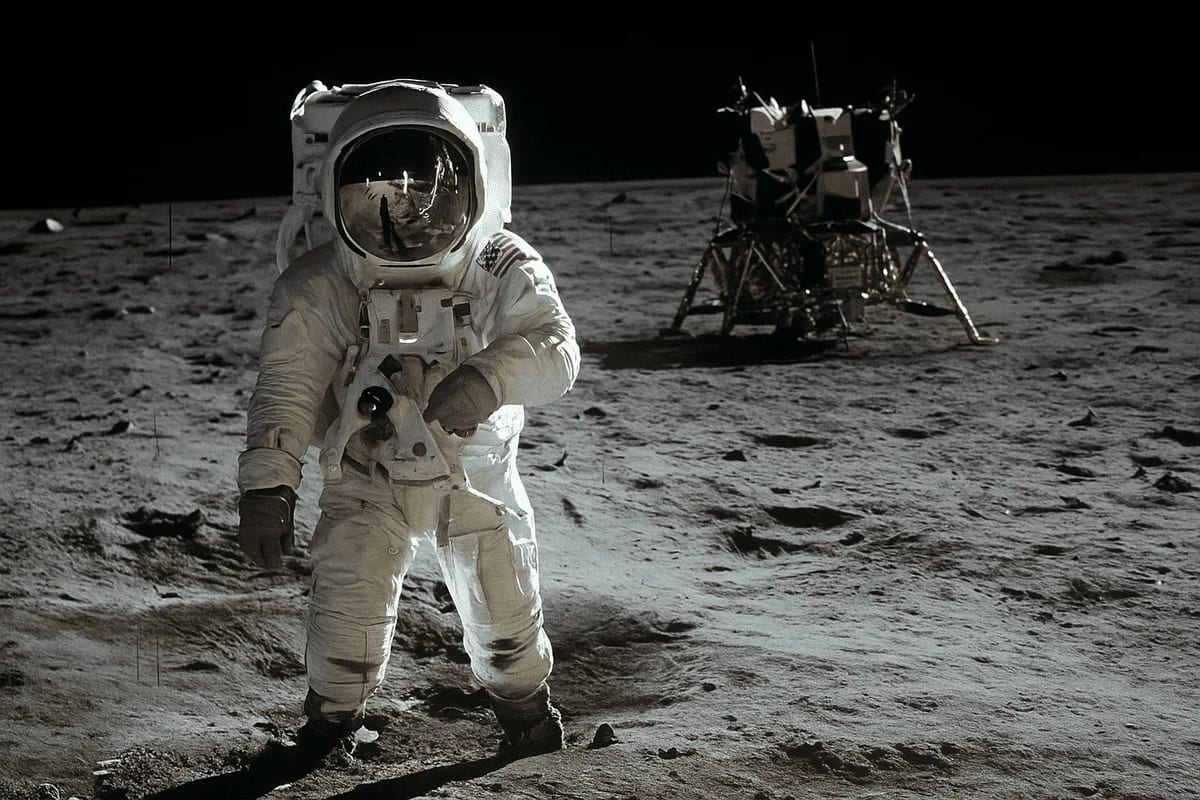 Astronauta del Apolo 11 caminando sobre la superficie lunar con el módulo lunar al fondo
