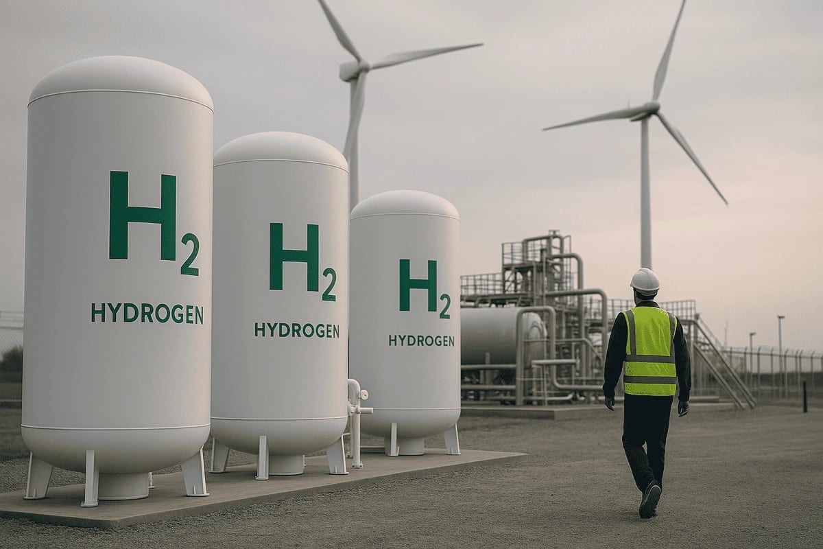 Tanques de hidrógeno verde junto a turbinas eólicas en una planta piloto de energía limpia