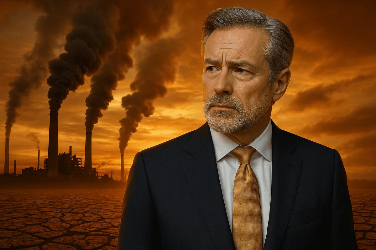 Un hombre de traje ante chimeneas industriales humeantes al atardecer