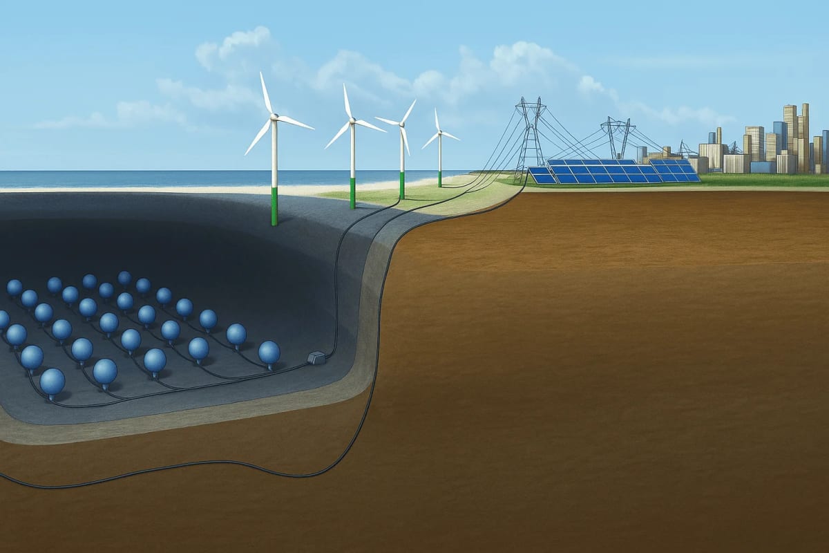 Esquema ilustrado del sistema StEnSea de almacenamiento de energía en el fondo marino