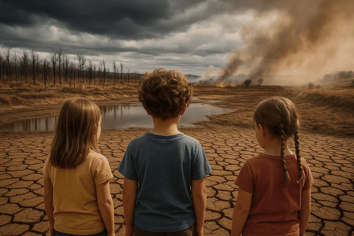 Tres niños observan un paisaje seco y devastado por incendios forestales y sequía extrema