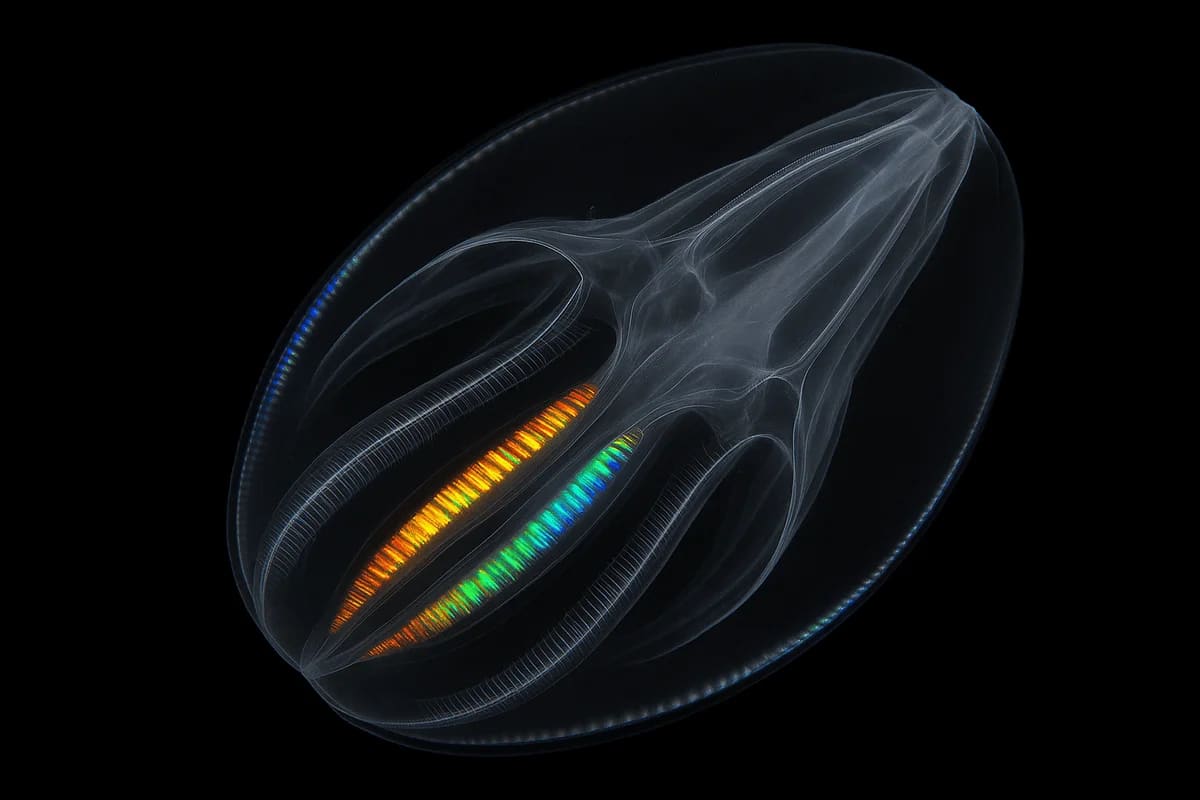 Vista cenital de Mnemiopsis leidyi con sus filas de cilios iluminadas en tonos verdes, naranjas y azules