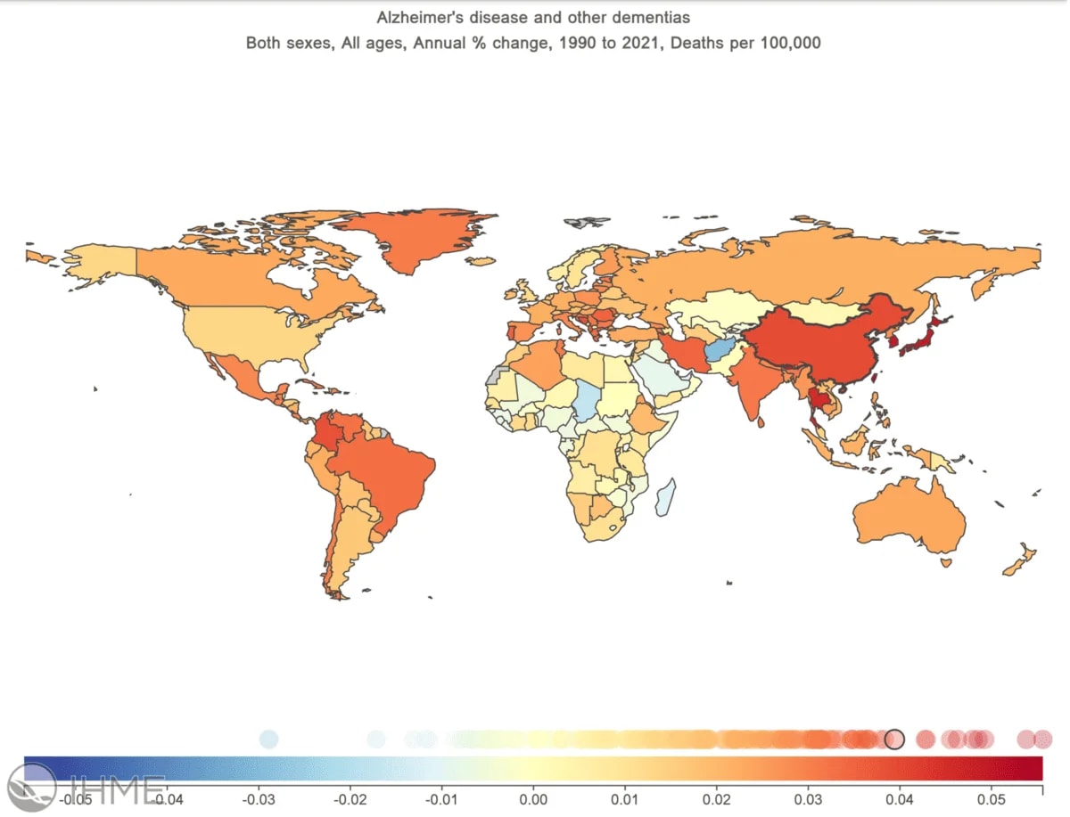 Mapa de la carga mundial de enfermedad por Alzheimer y otras demencias, variación anual de muertes por cada 100.000 personas, entre 1990 y 2021.
