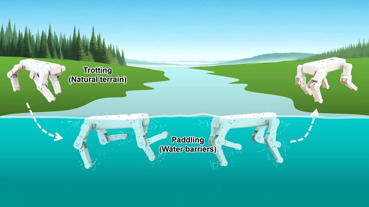 Perro robótico con capacidad de moverse por tierra y nadar en agua, imitando la locomoción de mamíferos