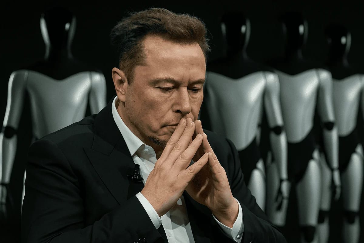 Elon Musk pensativo frente a modelos de robots humanoides en fondo oscuro
