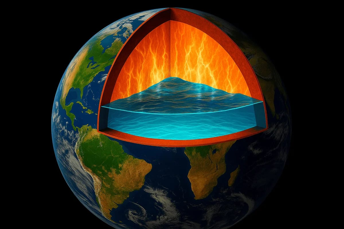 Ilustración de corte transversal del planeta Tierra mostrando un océano oculto bajo la superficie