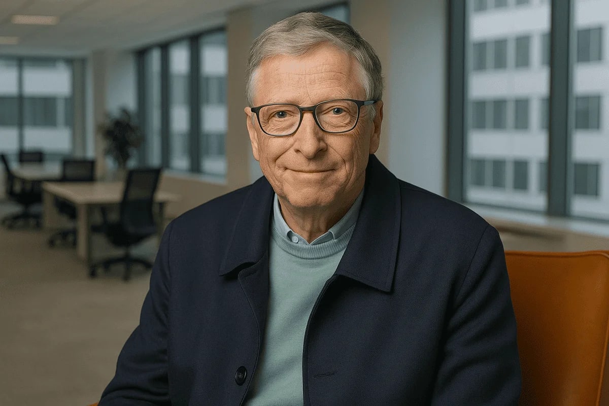 Bill Gates sentado en una oficina moderna, mirando a cámara con expresión amable