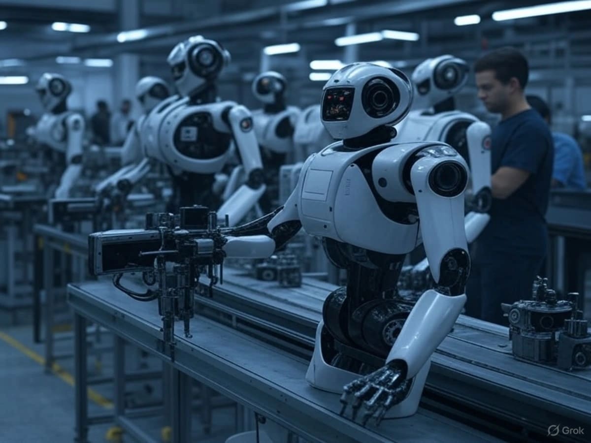 Robots ensamblando piezas en una línea de producción automatizada