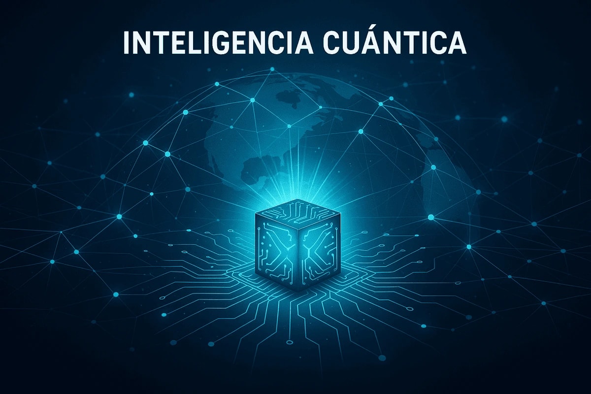 Ilustración digital de inteligencia cuántica conectando redes globales