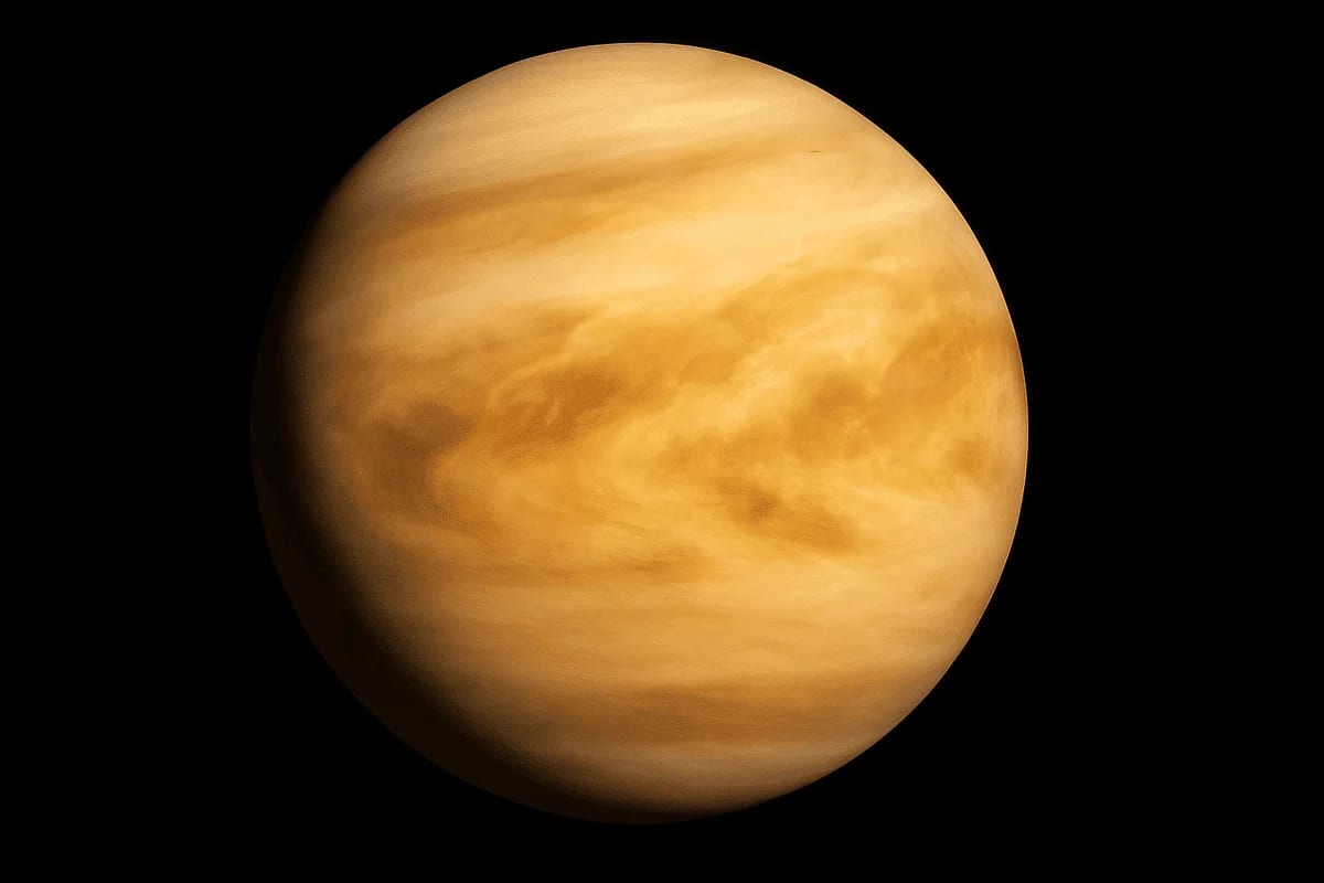 Representación digital del planeta Venus mostrando su densa atmósfera amarilla