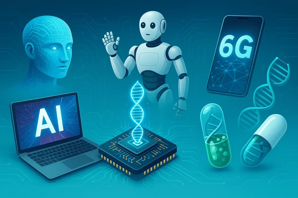 Ilustración de los principales avances tecnológicos de 2025 como IA, 6G, robótica y biotecnología