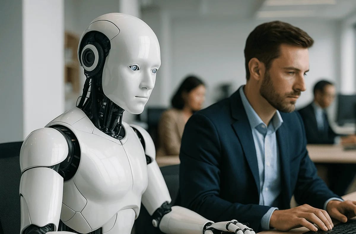 Un robot humanoide colaborando con un trabajador en una oficina moderna, representando la integración de la inteligencia artificial
