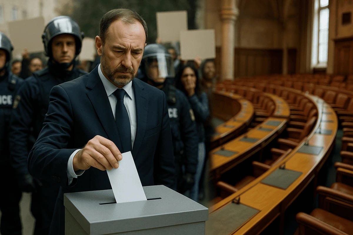 Líder autoritario emitiendo su voto bajo vigilancia