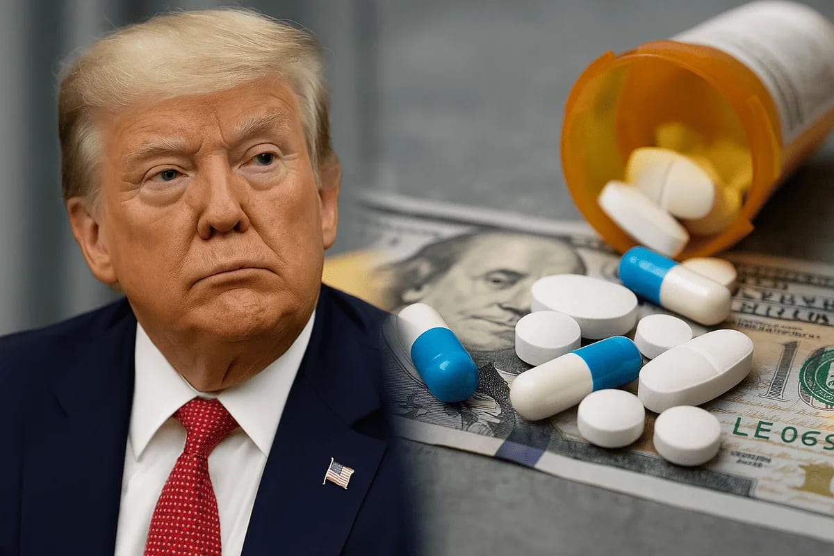 Donald Trump con medicamentos y billetes