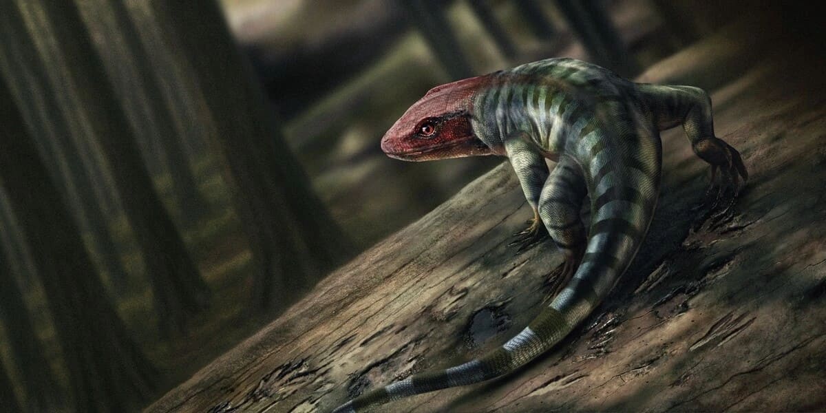 Reconstrucción artística de un reptil tetrápodo primitivo caminando por un bosque antiguo